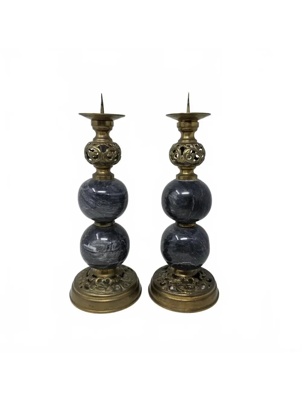 Vintage Indian Brass Marble Pricket Candlesticks Pair 12.25 Inch